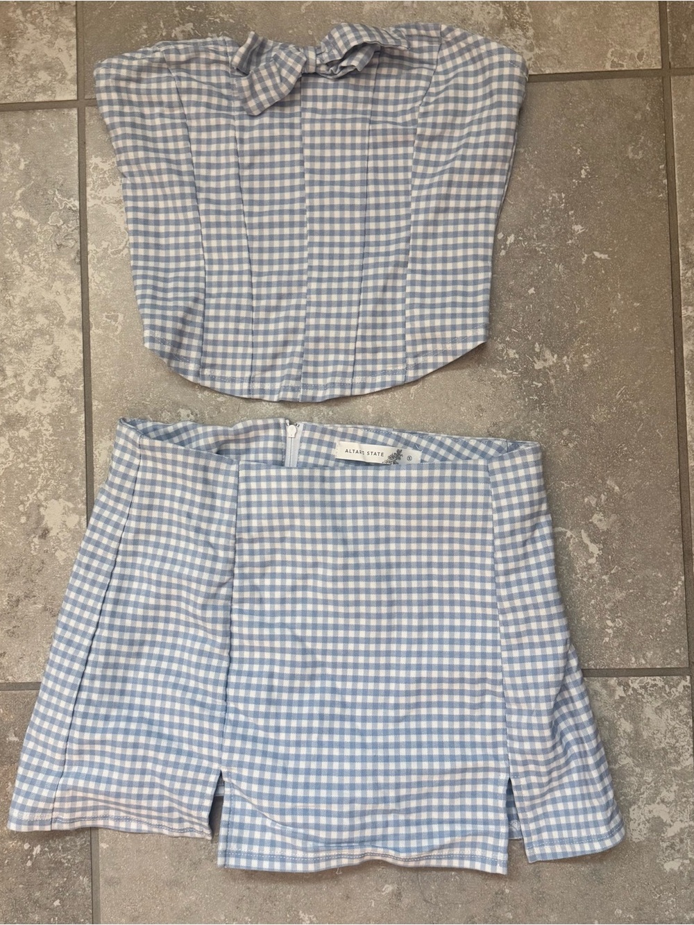 Altar'd State Blue & White Gingham Strapless Crop Top and Skirt Set